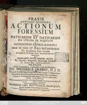 Praxis Antiquo-Moderna Actionum Forensium In specie Nativarum Et Dativarum Seu Utilium Ex Æquitate In Differentiis Princip Alioribvs Qua Usus In Jure Et Foro Extantiores Per divisionem hanc tertiam Dissertatione Hac Inaugurali demonstrata
