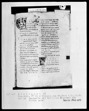 Missale — Initialen G (rates) und N (atus ante), Folio 62recto