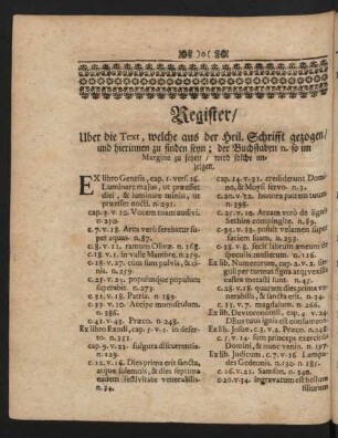Register/ Uber die Text, welche aus der heil. Schrifft gezogen/ und ...