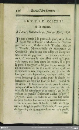 Lettre CCLXXIII. A la même. A Paris, Dimanche au soir 10. Mai, 1676