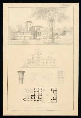 Gärtnerwohnung Monatskonkurrenz November 1832: Grundriss Erdgeschoss, Aufriss Hofansicht des Haupthauses, perspektivische Ansicht, Details: Schornstein, Gesims, etc.; 2 Maßstabsleisten