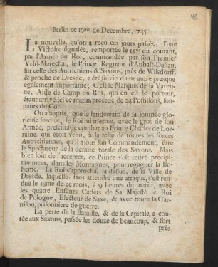 Berlin ce 19me de Decembre, 1745