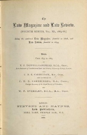 Law magazine and review : a quarterly review of jurisprudence. 11. 1886