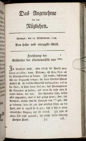 Das sechs und vierzigste Stück. Montags, den 15. Wintermonat, 1756.