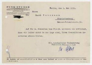 Brief der Funk-Stunde-AG Redaktion an Raoul Hausmann. Berlin