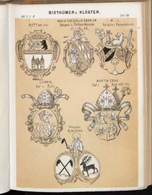Taf. 89. Rott am Inn. - Maria Thessalia Eberlin. Äbtissin v. Rothen-Münster 1748. - M. J. Äbtissin z. Rothenmünster. - Ludwig Abt v. Roth. - Martin Erke Abt v. Roth 1672-1711. - Proptei Rinichna.