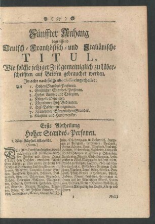 Fünffter Anhang begreiffend Deutsch-Frantzösich- und ItaliänischeTitul, ...