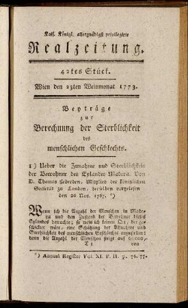 42tes Stück. Wien den 23ten Weinmonat 1773.