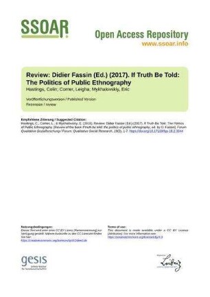 Review: Didier Fassin (Ed.) (2017). If Truth Be Told: The Politics of Public Ethnography