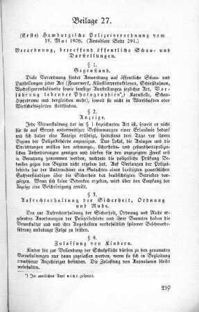 Beilage 27. (Erste) Hamburgische Polizeiverordnung vom 15. Mai 1908.