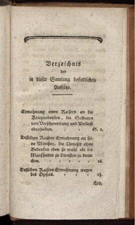 Verzeichnis der in dieser Sammlung befindlichen Aufsätze.