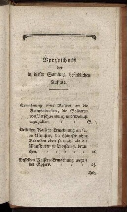 Verzeichnis der in dieser Sammlung befindlichen Aufsätze.