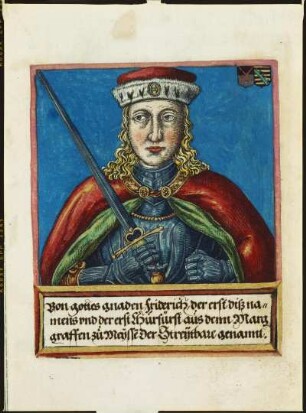 Friedrich I., der Streitbare : Friedrich I., der Streitbare. Kupferstich, koloriert; 144 x 100 mm (Blattgröße). Aus: Agricola, Johann: Bildnisse der Churfürsten von Sachsen von Friedrich dem Streitbaren an bis auf August mit deutschen Reimen. 1563.