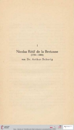 I. "Rétif de la Bretonne" von Dr. Arthur Schurig