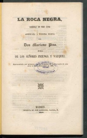 La roca negra : zarzuela en tres actos