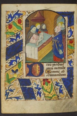 Vollbordürenseite mit Miniatur (Darbringung im Tempel), Initiale D und Streumusterbordüre