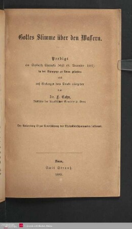 Gottes Stimme über den Wassern : Predigt am Sabbath Chanuka 5643 (9. December 1882) in der Synagoge zu Bonn