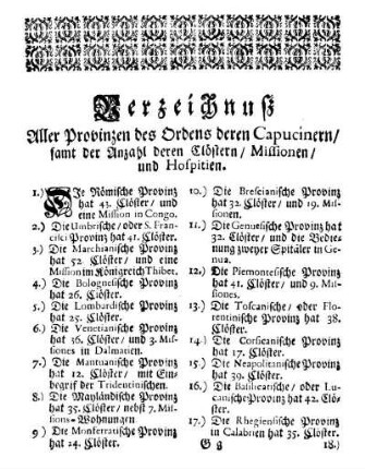 Verzeichnuß Aller Provinzen des Ordens deren Capucinern/ samt der Anzahl deren Clöstern/ Missionen/ und Hospitien