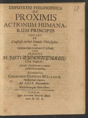 Disputatio Philosophica De Proximis Actionum Humanarum Principiis