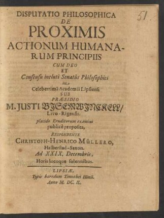 Disputatio Philosophica De Proximis Actionum Humanarum Principiis