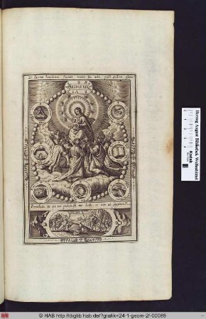 Maria mit Christus auf dem Schoß, umgeben von Mariensymbolen, darunter eine Kartusche mit der Darstellung Abigals, die David Proviant überreicht.