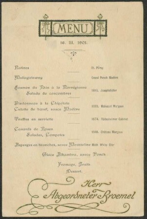 Menu - Herr Abgeordneter Broemel : 13. III. 1901