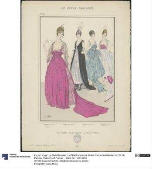 Le Style Parisien: La Fête Parisienne à New York, Abendkleider von Worth, Paquin, Chéruit und Premet, rückseitig Blusen mit Spitzen- und Rüschengarnitur