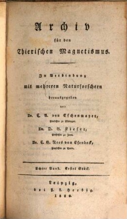 Archiv für den thierischen Magnetismus, 8. 1820