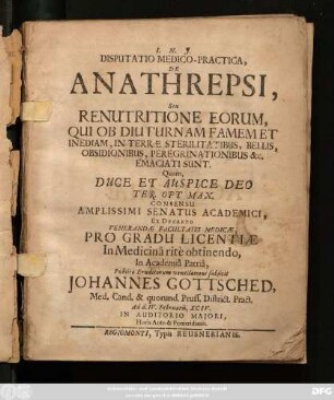 Disputatio Medico-Practica, De Anathrepsi, Seu Renutritione Eorum, Qui Ob Diuturnam Famem Et Inediam, In Terrae Sterilitatibus, Bellis, Obsidionibus, Peregrinationibus &c. Emaciati Sunt