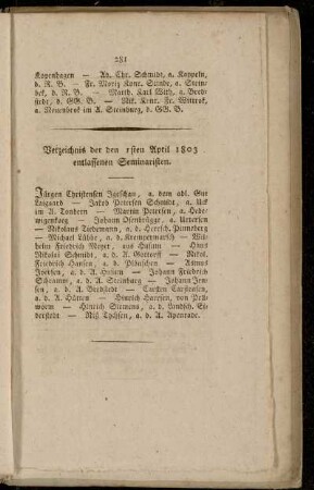 Verzeichnis der den 1sten April 1803 entlassenen Seminaristen