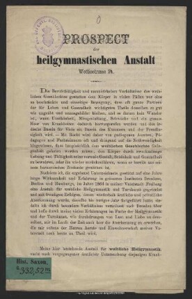 Prospect der heilgymnastischen Anstalt