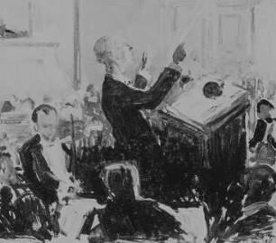 Generalmusikdirektor Ernst Edler von Schuch dirigiert "Meistersinger" (mit der Sächsischen Hofkapelle Dresden). Pastellbild von Robert Sterl, bezeichnet rechts unten: Meistersinger 21. Nov. 1910. Pastell (Verlust?)