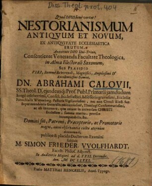 Nestorianismum Antiqvum Et Novum, Ex Antiqvitate Ecclesiastica Erutum