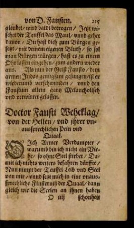 Doctor Fausti Weheklag/ von der Hellen/ und ihrer unaussprechlichen Pein und Quaal.