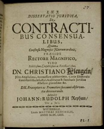 Dissertatio Iuridica, De Contractibus Consensualibus