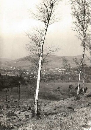 Kostenblatt (heute Kostomlaty pod Milešovkou). Ortsansicht mit Schloß und Kirche