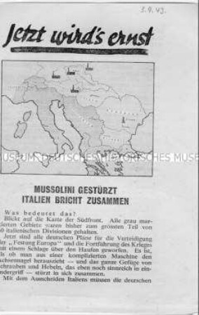 Abwurf-Flugblatt der Alliierten zum Sturz von Mussolini