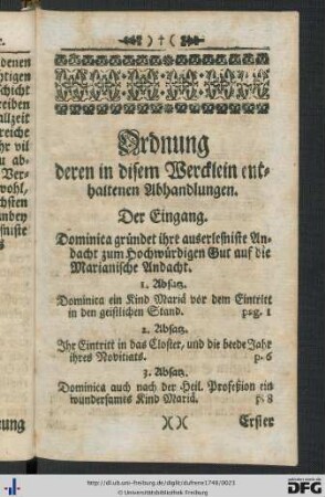 Ordnung deren in disem Wercklein enthaltenen Abhandlungen.