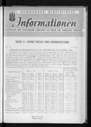 Hamburger Preisindexziffern für die Lebenshaltung für September 1954 : Nr. 19