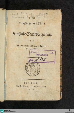 1: Die kirchliche Staatsverfassung des Grosherzogthums Baden betreffend