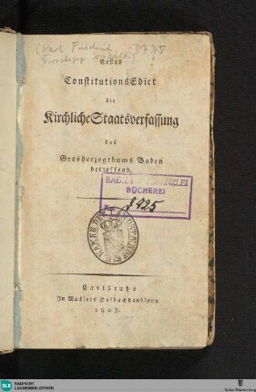 1: Die kirchliche Staatsverfassung des Grosherzogthums Baden betreffend