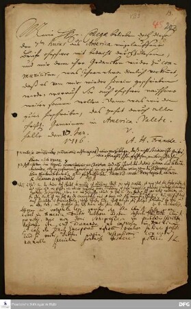 Notiz von August Hermann Francke an Paul Anton, Johann Heinrich Michaelis und Joachim Lange über die Korrespondenz mit christlichen Gemeinden in Amerika.