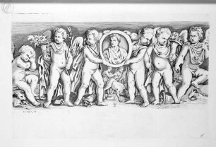 Galleria Giustiniana del marchese Vincenzo Giustiniani. 2 Bände., 2. Band, Tafel 96: Ritratto di defunto, e Geni delle stagioni (nach der Antike)