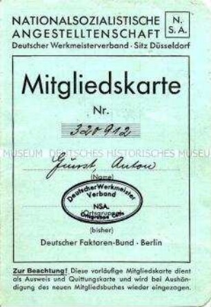 Mitgliedskarte der NS-Angestelltenschaft von Anton Gunst