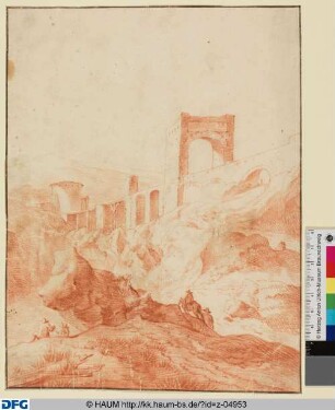 [Landschaft mit Mauer und Reitern]