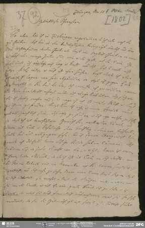 Eigenh. Brief von Ludwig Tieck an Sophie Bernhardi, Ziebingen, 15.10.1802