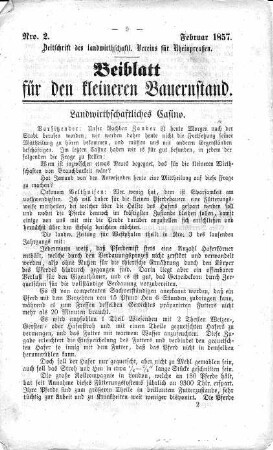 Beiblatt für den kleinen Bauernstand Februar 1857