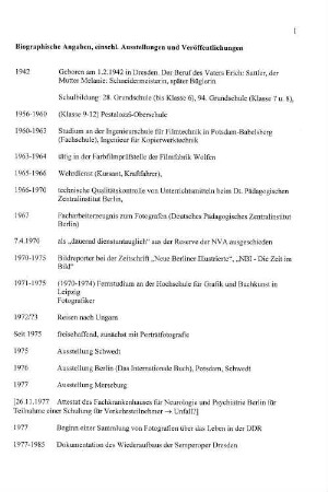 Biographische Angaben, einschl. Ausstellungen und Veröffentlichungen