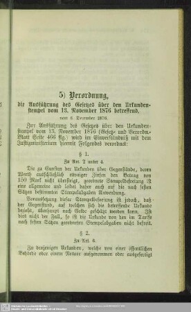 5) Verordnung, die Ausführung des Gesetzes über den Urkundenstempel vom 13. November 1876 betreffend