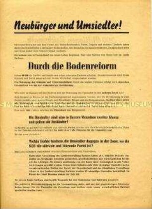 Propagandaflugblatt mit Wahlaufruf der SED mit Ausrichtung auf die Umsiedler